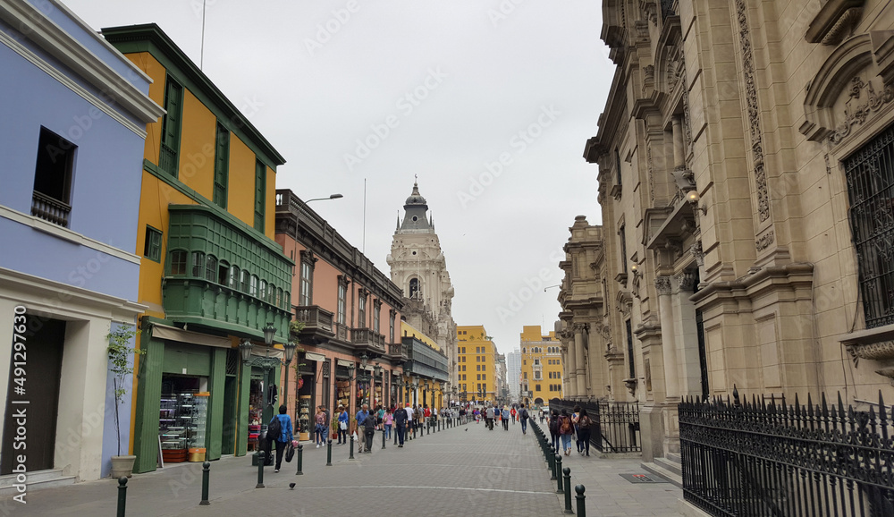 Downtown street with colonial balconies in Lima, Peru