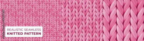 Seamless pattern with pink wool knit for website background, wallpaper, webpage backdrop, design. Knitted texture woolen fabric. Vector template of wool knitwear for romantic valentine greeting card.