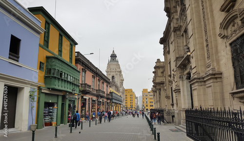 Downtown street with colonial balconies in Lima, Peru