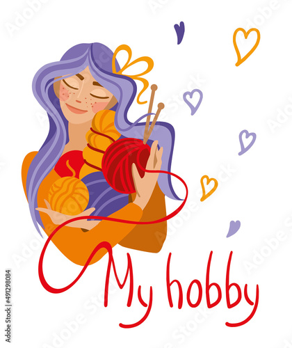 Cute girl holding balls of yarn in her hands. Knitting. Logo. Vector illustration.