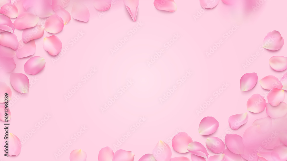 Vector frame with lying rose petals and copy space. Horizontal editable template with place for your text. Floral illustration of realistic sakura petal with shadow for background, wallpaper, banner.