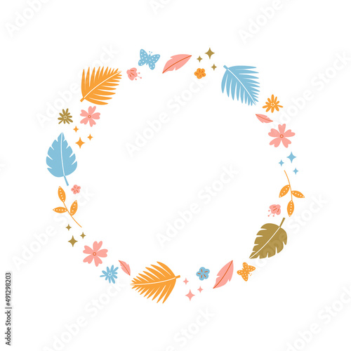Cute tropical frame with colorful leaves and flowers. Vector illustration