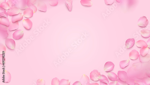 Fototapeta Naklejka Na Ścianę i Meble -  Vector frame with lying rose petals and copy space. Horizontal editable template with place for your text. Floral illustration of realistic sakura petal with shadow for background, wallpaper, banner.
