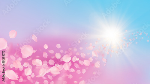 Vector background with realistic sakura petals and sun rays in sky. Template of flying voluminous blurred pink cherry blossom petal with blur effect. Spring floral romantic illustration.