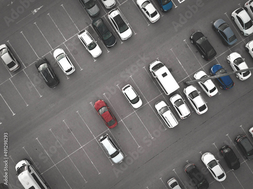 Aerial top down drone shot of city parking.