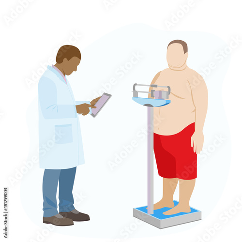 Black doctor weigh scale fat man. obese patient examination by doctor. weight control on medical scales. vector illustration.