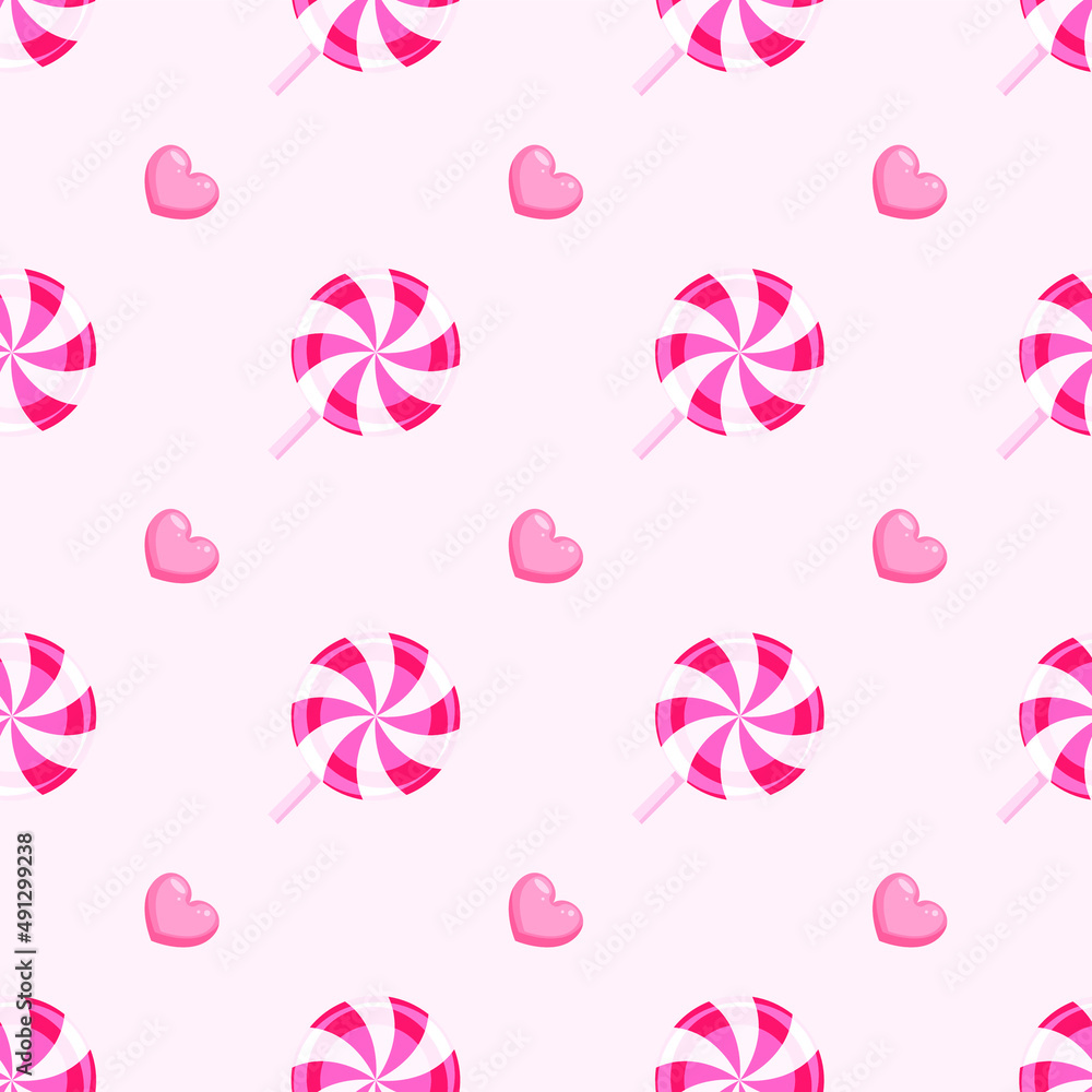 Seamless Pattern Abstract Elements Fast Food Candy Lollipop With Hearts Vector Design Style Background Illustration Texture For Prints Textiles, Clothing, Gift Wrap, Wallpaper, Pastel