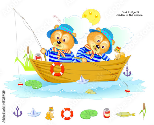 Fototapeta Naklejka Na Ścianę i Meble -  Logic puzzle game for kids. Find 8 objects hidden in the picture. Two cute bears fishing. Educational page for children. Play online. IQ test. Task for attentiveness. Cartoon vector illustration.