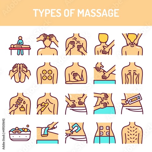 Types of massage line icons set. Isolated vector element.