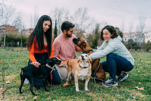 a group of friends with their dogs showing them affection