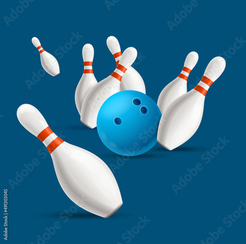 Realistic Detailed 3d Bowling Ball Crashing Into White Skittles. Vector