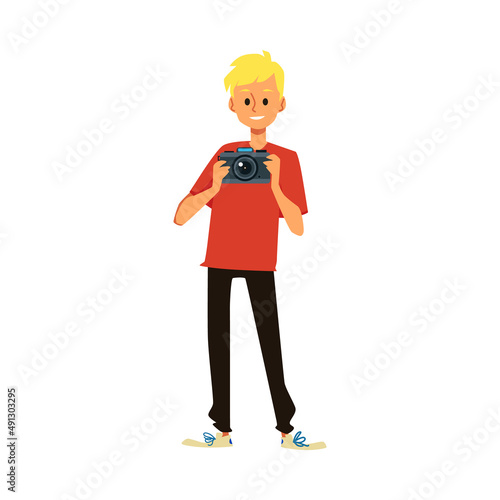 Teen boy young photographer taking pictures, flat vector illustration isolated.