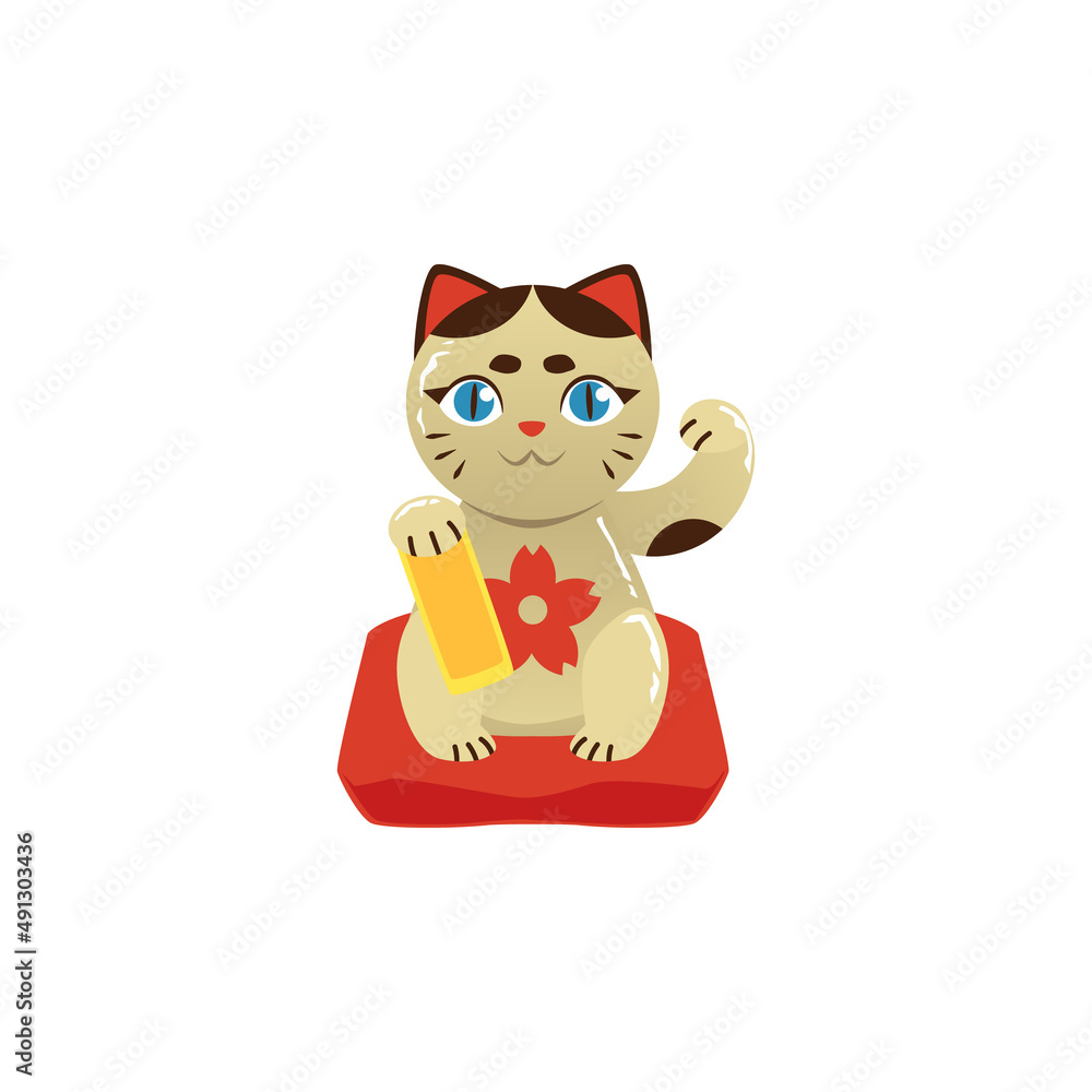 Cat Maneki Neko mascot of good luck and wealth flat vector illustration isolated.