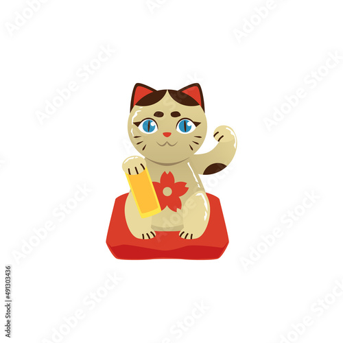 Cat Maneki Neko mascot of good luck and wealth flat vector illustration isolated. © sabelskaya