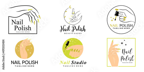 Nail studio or nail polish icon set logo design for beauty salon with unique concept Premium Vector