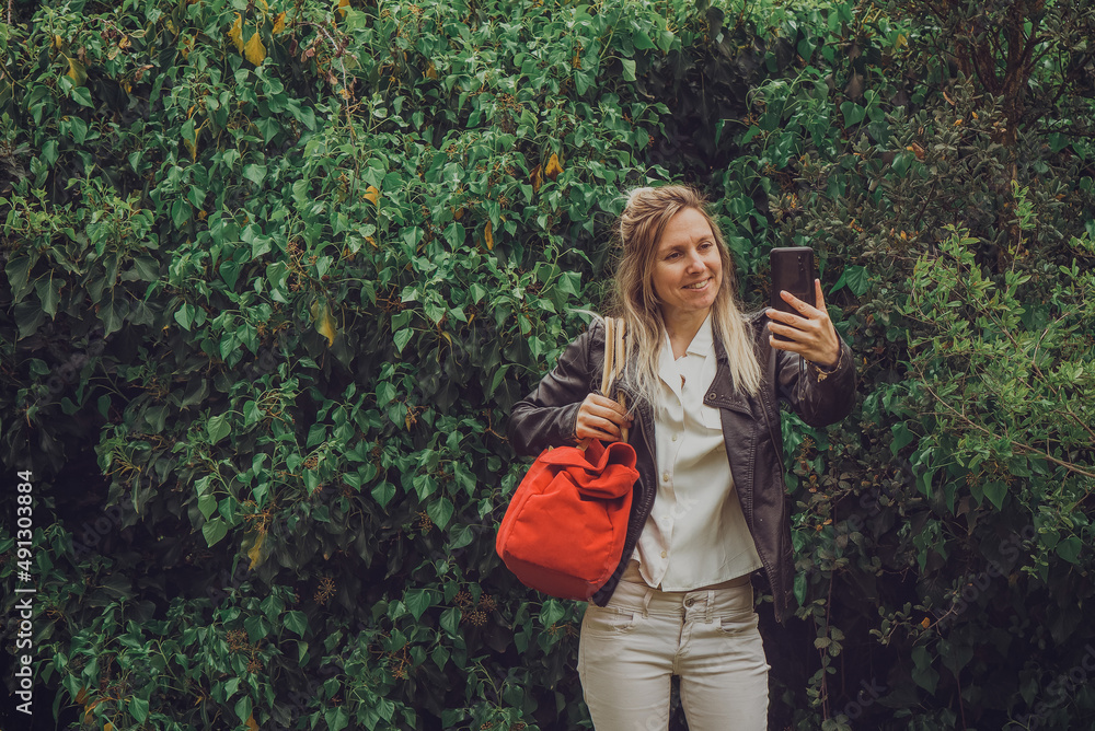 Girl with red suitcase happy for vacation Girl with red suitcase happy for vacation