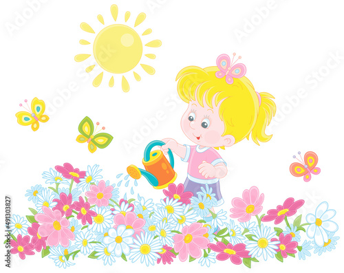 Happy little girl watering colorful garden flowers on a pretty small flowerbed on a sunny summer day, vector cartoon illustration isolated on a white background