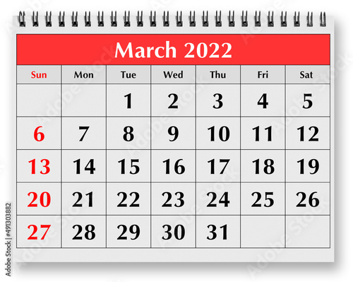 Page of the annual monthly calendar - March 2022