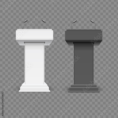 Realistic Detailed 3d Different Podium Tribune with Microphone Set. Vector