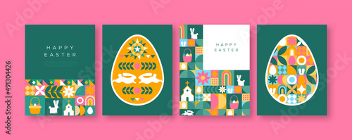 Happy easter spring rabbit folk mosaic card set