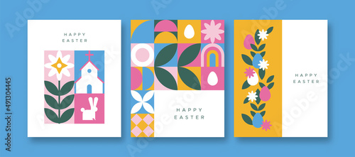 Happy easter colorful flat folk mosaic card set