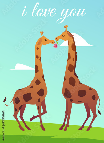 Romantic giraffes couple kissing  greeting card template  cartoon flat vector illustration.