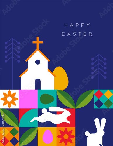 Photography Happy easter colorful folk mosaic rabbit card