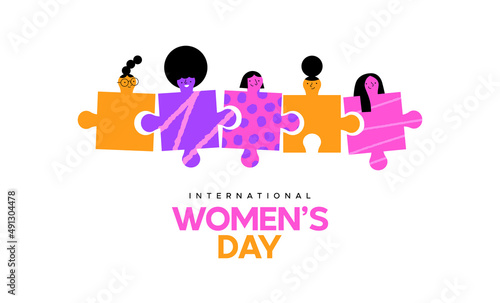 International women's day greeting card illustration of diverse woman friends together as puzzle pieces in flat cartoon style. Modern march 8 event design for female unity.