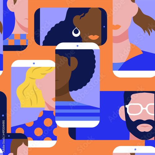 Diverse people face on mobile phone seamless pattern in flat minimalist style. Friend social media connection concept background illustration.