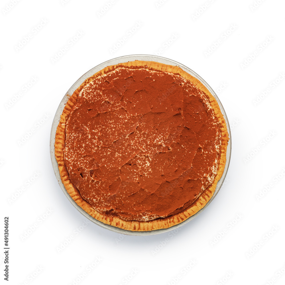 Dessert cake on a color plate. Top view. Copy space. isolated on white Dessert cake on a color plate. Top view. Copy space. isolated on white