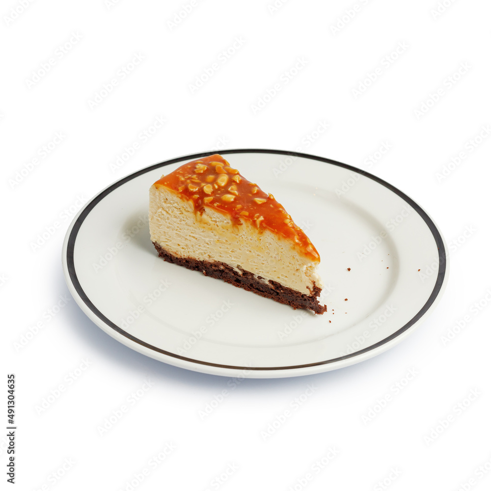 Dessert cake on a color plate. Top view. Copy space. isolated on white Dessert cake on a color plate. Top view. Copy space. isolated on white