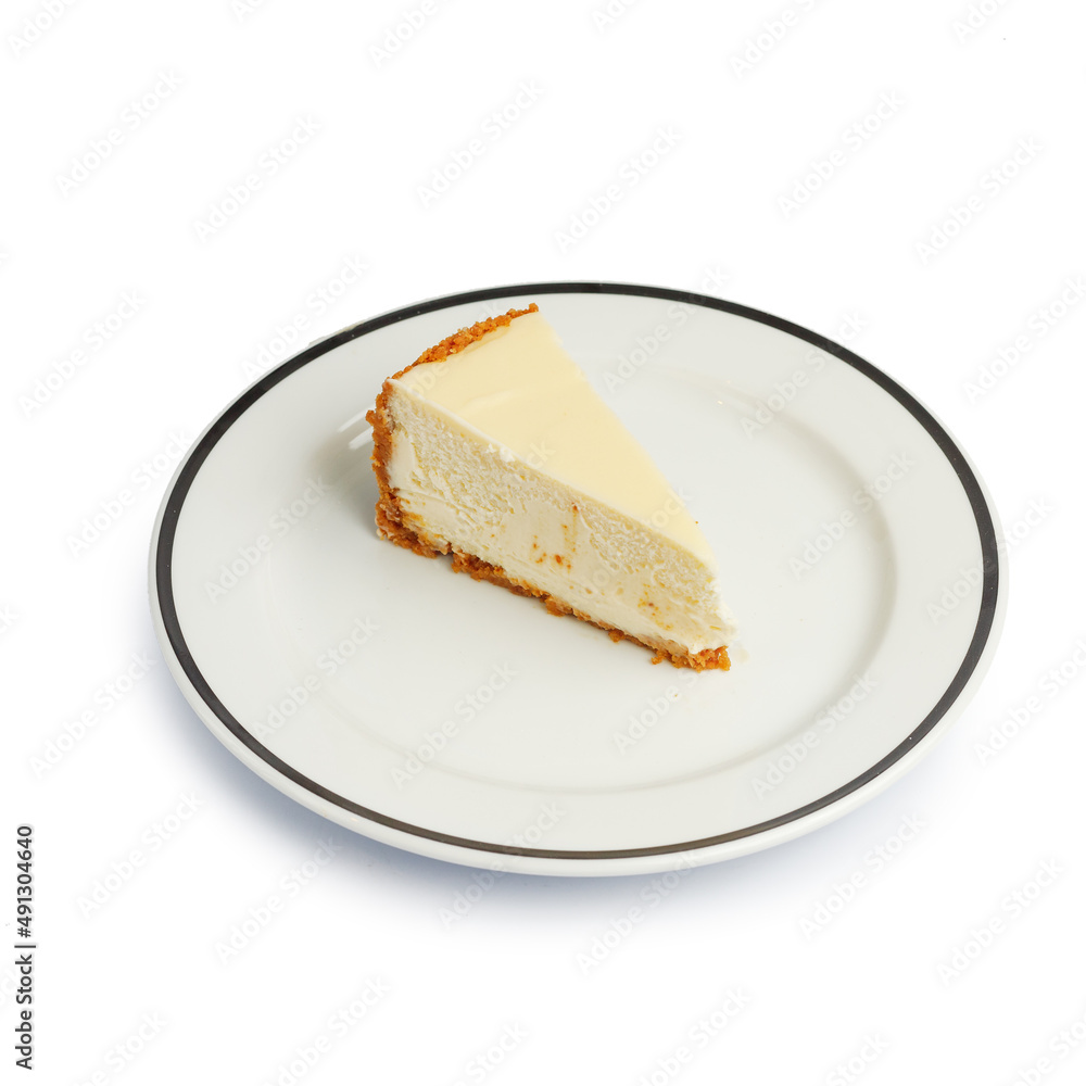 Dessert cake on a color plate. Top view. Copy space. isolated on white Dessert cake on a color plate. Top view. Copy space. isolated on white
