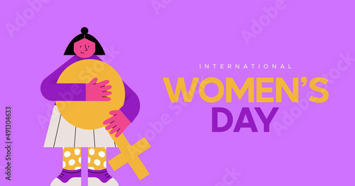 International Women's Day greeting card illustration of woman character cartoon holding female symbol shape. March 8 event design for girl power.