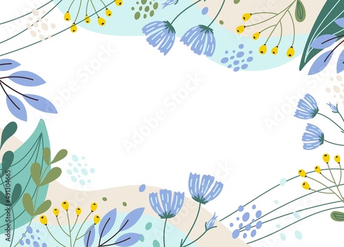 Beautiful spring flowers composition in pastel colors. Floral vector background with blooming flowers in blue and yellow tones. Frame with flowers