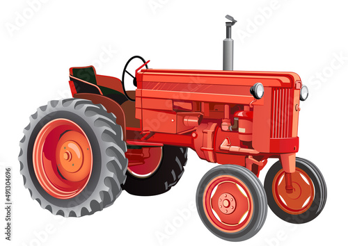 Old fashioned farm tractor. Classic old tractor for farm working. Isolated on white background. Vector illustration. photo