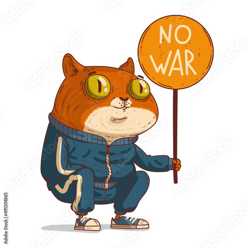 A Cat against War, isolated vector illustration. Anthropomorphic red cat, holding a NO WAR banner. An animal character with the human body. Antiwar placard. Pacifist demonstration. Peaceful protest