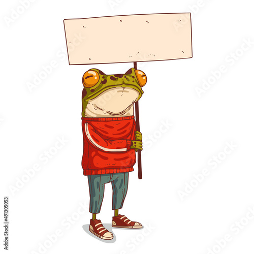 A Frog with a Placard, isolated vector illustration. Anthropomorphic toad, holding a copy space banner. An animal character with the human body. Advertisement banner. Social media post template.