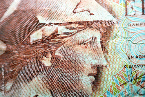 Portrait of Athena of Peiraeus in Archaeological Museum of Piraeus from obverse side of 100 one hundred Greek Drachmas Drachmai banknote currency issued 1978 in Greece, old Greek money, vintage retro