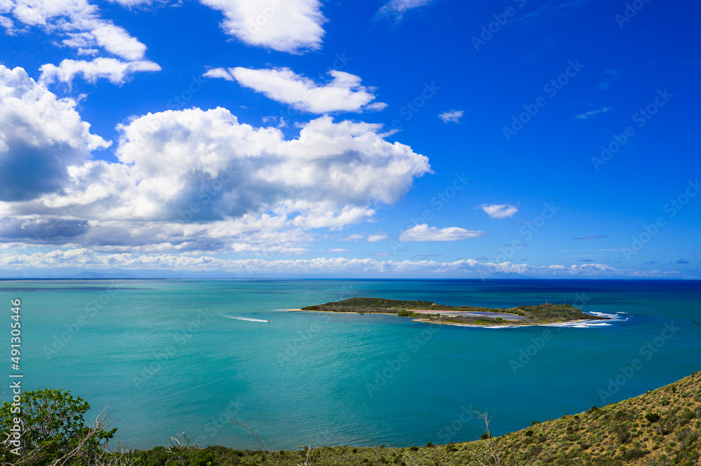 View from the mountain to island in ocean in Monte Cristi in Dominican Republic