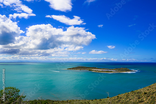 View from the mountain to island in ocean in Monte Cristi in Dominican Republic