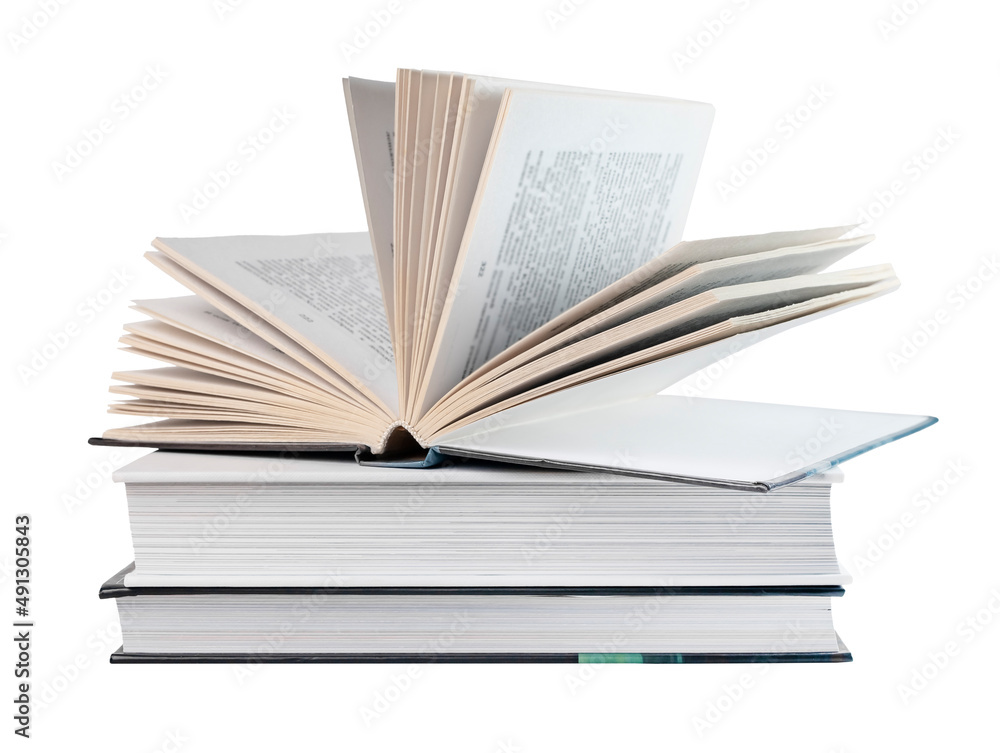 Fototapeta premium Books stack isolated on white background. Reading and turning pages. Learning new information concept .
