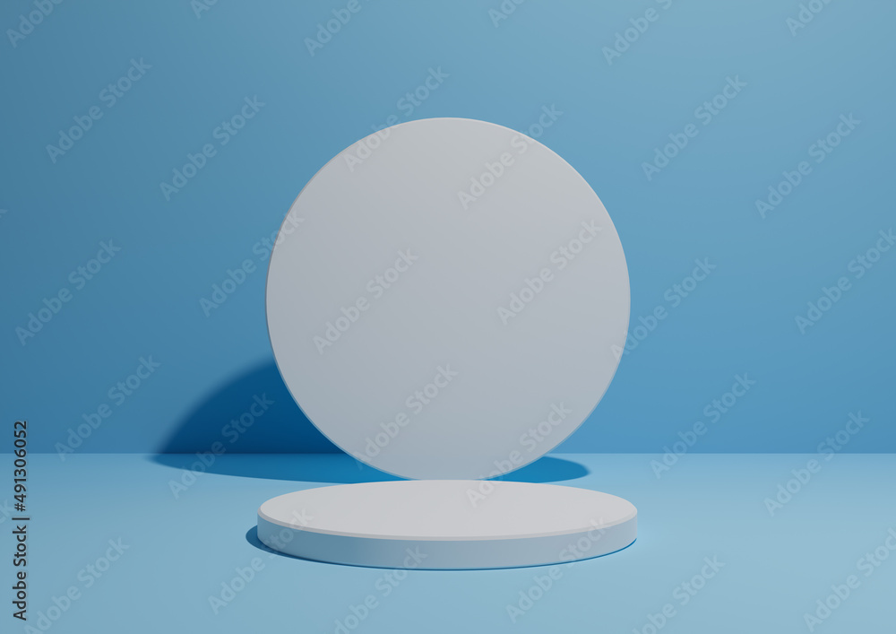 Bright, light sky blue, 3D render of a simple, minimal composition with one cylinder stand or podium for product display or advertising with geometric shapes, empty background with space for text. Bright, light sky blue, 3D render of a simple, minimal composition with one cylinder stand or podium for product display or advertising with geometric shapes, empty background with space for text.