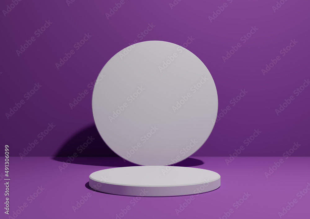 Bright purple, violet, 3D render of a simple, minimal composition with one cylinder stand or podium for product display or advertising with geometric shapes, empty background with space for text. Bright purple, violet, 3D render of a simple, minimal composition with one cylinder stand or podium for product display or advertising with geometric shapes, empty background with space for text.