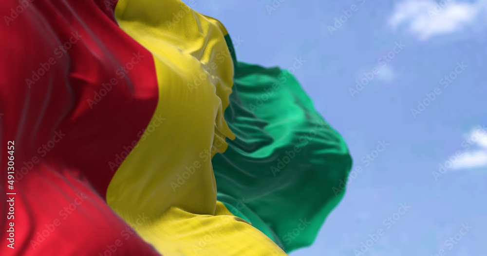 Detail of the national flag of Guinea waving in the wind on a clear day - obrazy, fototapety, plakaty 