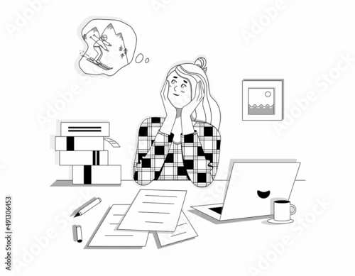 Female character or business woman is sitting at desk and dreaming about skiing and vacation. Black and white. Flat outlined vector illustration
