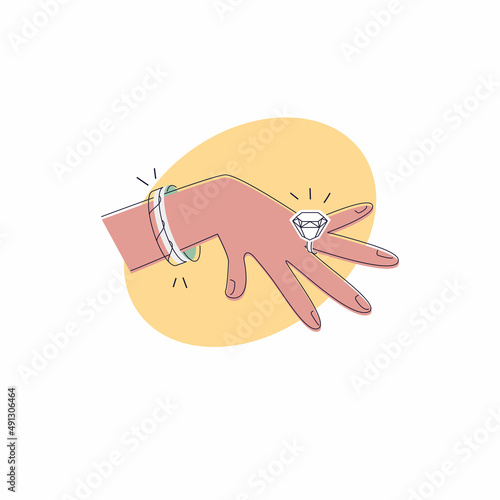 Hand with engagement ring or wedding ring on finger and bracelet. Design for logo, banner, poster, flyer or web page element for jewelry shop or wedding agency. Flat vector illustration