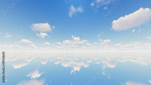 Blue sky with white clouds reflected on mirror surface 3d animation