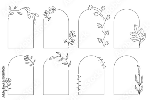 Rustic arches logo template, monogram concept in trendy linear style with arch. Boho, bohemian floral frames.  