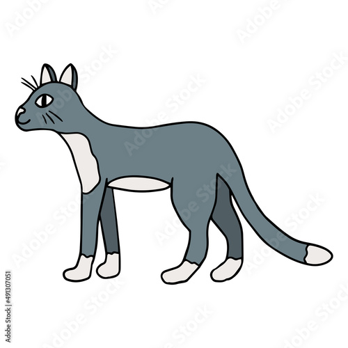Cute cartoon linear doodle cat isolated on white background. 