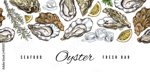 Seafood fresh bar advertising banner with oyster shells, lemon and ice cubes - colored sketch vector illustration.
